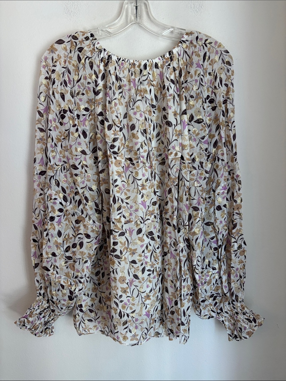 Ann Taylor Cream Floral metallic ruffle Long-Sleeve Peasant smocked blouse XL - Picture 11 of 12